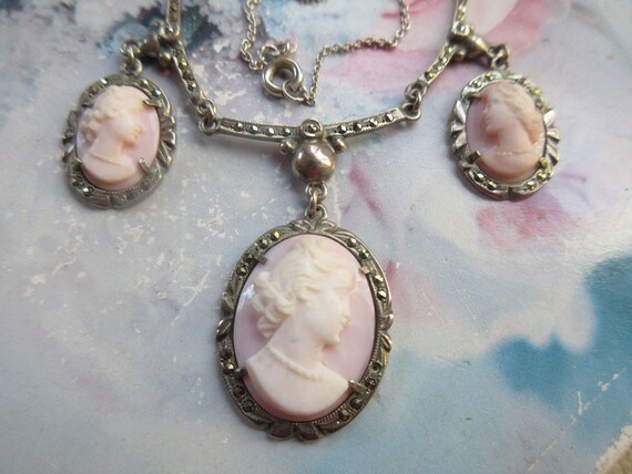 1920s Sterling Carved Shell Cameo Necklace Lavali… - image 2