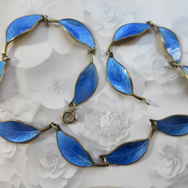 Vintage David Anderson 925S Sterling Norway Enameled Blue Leaf Necklace , Mid Century Jewelry