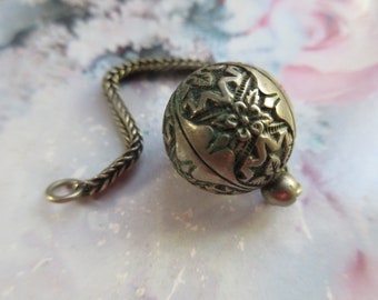 Antique Silver Toned Watch Fob Charm on Section of Watch Chain