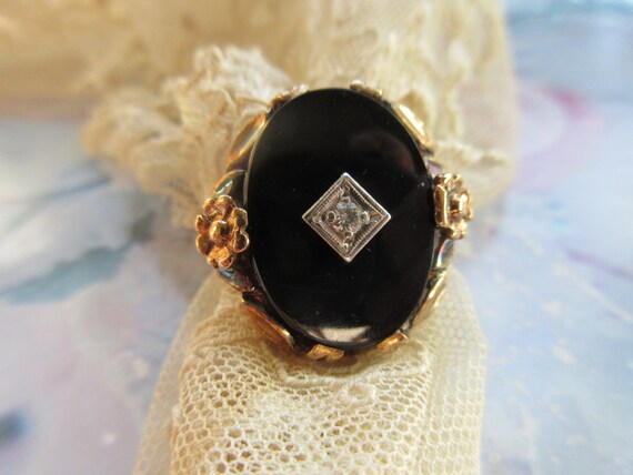 Vintage 10K Diamond Black Onyx Ring , Circa 1940 … - image 6