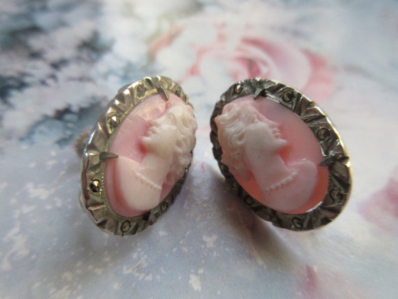 Deco Vintage Carved Shell Cameo Earrings 800 Silv… - image 3