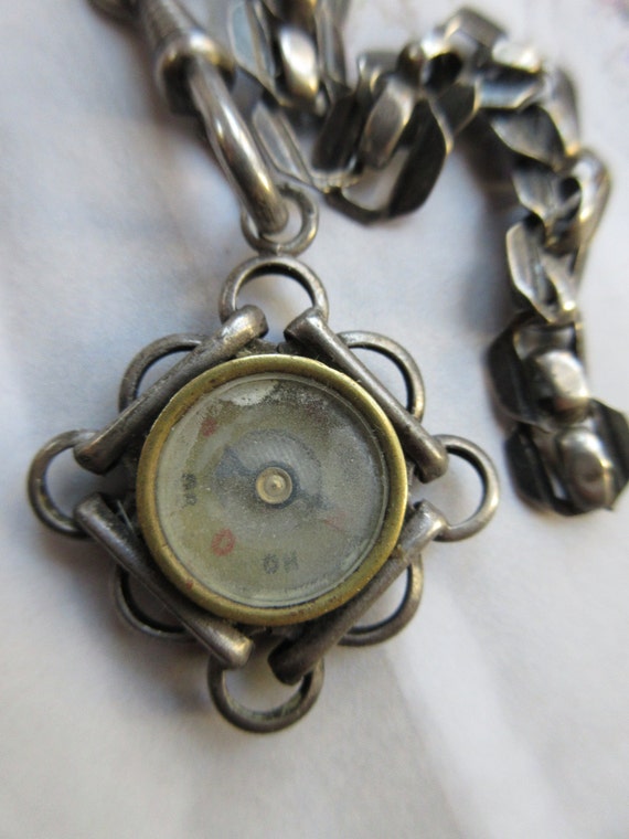 Antique Silver Watch Chain - Compass Fob - Europe… - image 1