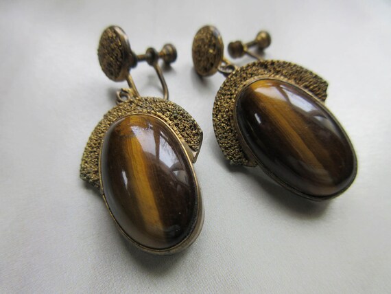 Vintage 20s 30s Tiger Eye Screw Back Earrings - Dr