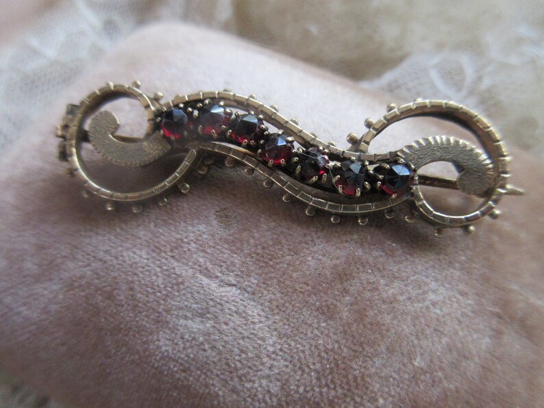 May include: A gold-toned brooch with a delicate, swirling design set with red garnet stones.