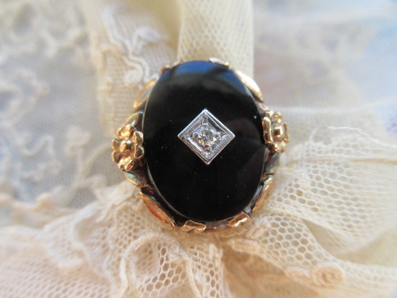 Vintage 10K Diamond Black Onyx Ring , Circa 1940 … - image 3