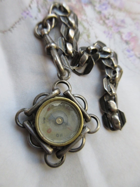 Antique Silver Watch Chain - Compass Fob - Europe… - image 3