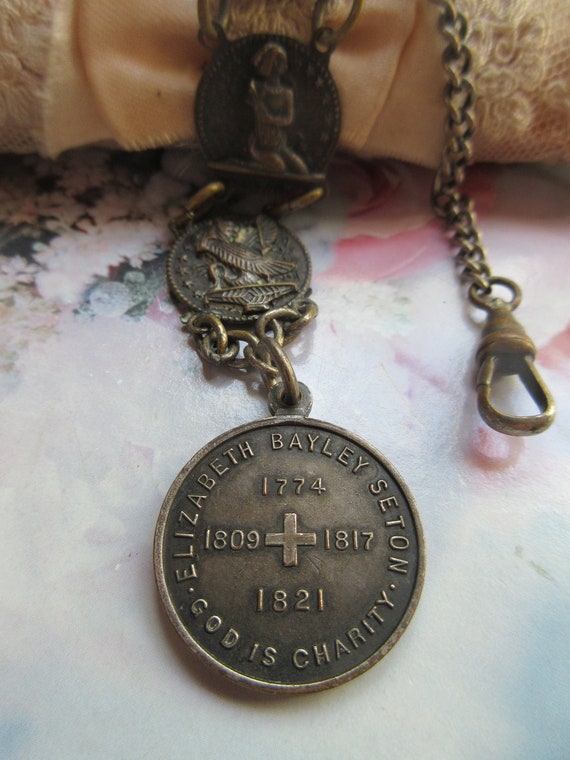 Antique Watch Chain With Unusual Links and Saint … - image 5