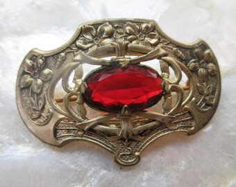 Alfiler Antiguo Flores Piedra Roja Facetada