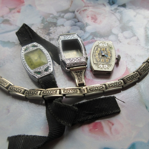 Art Deco Era Group of Ladies Wrist Watch Parts for Steampunk Project or Repair - Destash Wrist Watch Lot