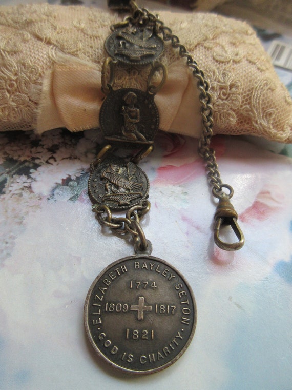 Antique Watch Chain With Unusual Links and Saint … - image 4