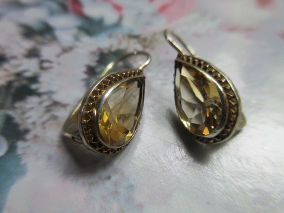 Vintage Sterling Silver Gilt Citrine Pierced Earri