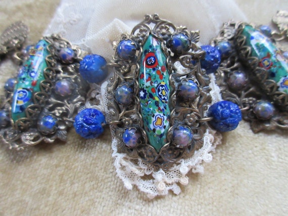 Vintage Art Glass Millefiori Lapis Beaded Bracelet - image 1