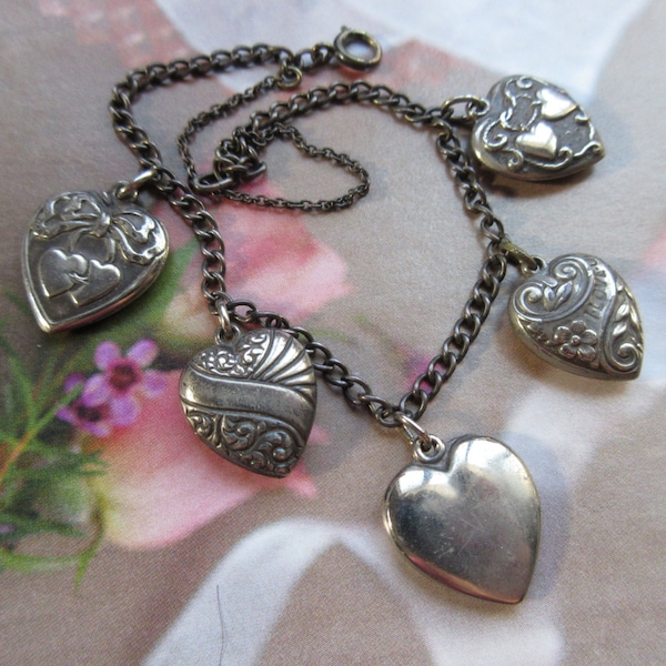 1940s Puffy Heart Charm Bracelet, Heart Charms Bracelet, Romantic Vintage, Estate Jewelry, Walter Lampl Charms, Sterling Hearts, Bridal