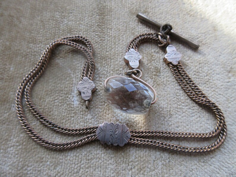 Antique Victorian Pocket Watch Chain with Spinning Crystal Watch Fob image 2