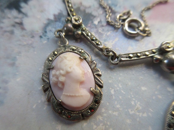 1920s Sterling Carved Shell Cameo Necklace Lavali… - image 3