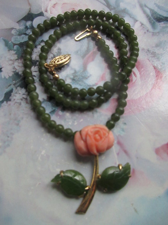 Vintage Carved Coral Nephrite Jade Necklace