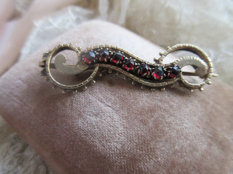 May include: A gold-toned brooch with a swirling design and a row of red gemstones.