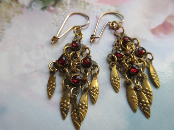 Antique Garnet Long Drop Pierced Earrings in Gold