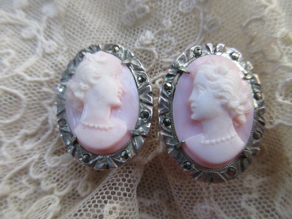 Deco Vintage Carved Shell Cameo Earrings 800 Silv… - image 8