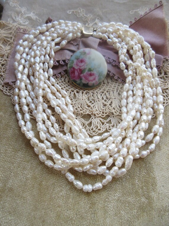 Antique Victorian Painted Porcelain Roses Pin - Gem