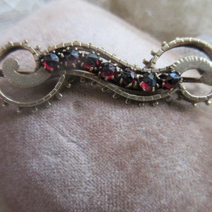 May include: A gold-toned brooch with a swirling design set with red garnet stones.
