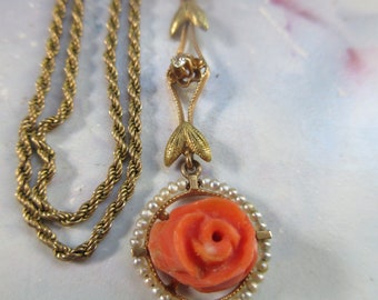 Older Vintage 10K Coral Seed Pearl Lavaliere on Gold Fill Chain