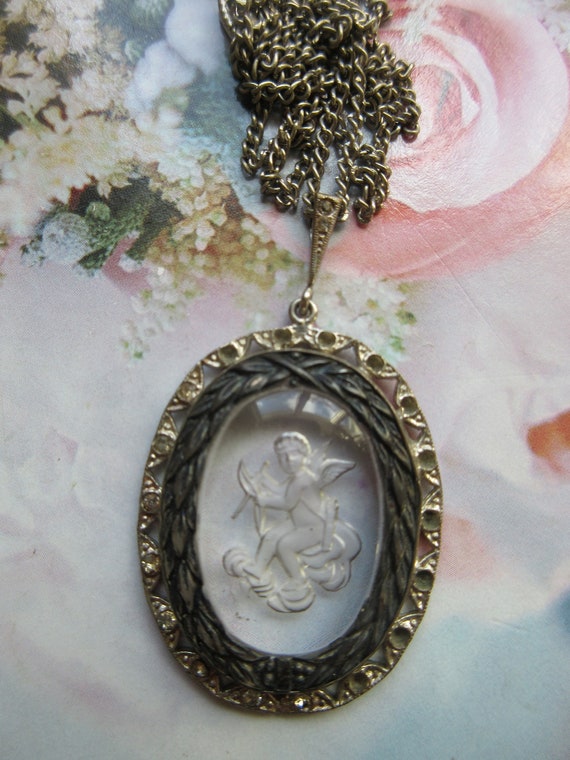 Vintage Reversed Carved Crystal Necklace signed Cz