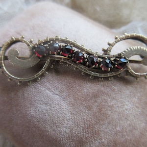 May include: A gold-toned brooch with a swirling design and a row of red gemstones.