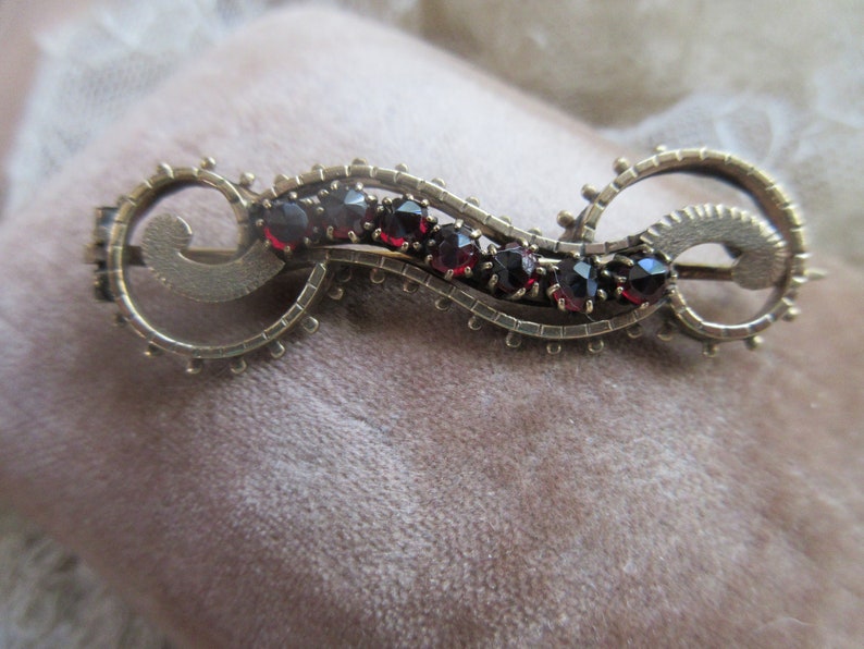 May include: A gold-toned brooch with a swirling design and a row of red gemstones.