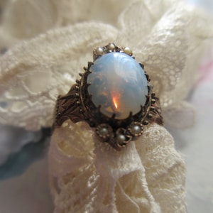 Victorian 10K Glass Opal and Seed Pearl Ring