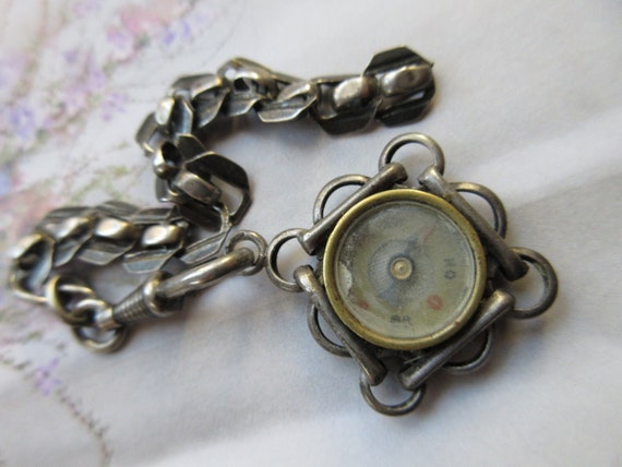 Antique Silver Watch Chain - Compass Fob - Europe… - image 2