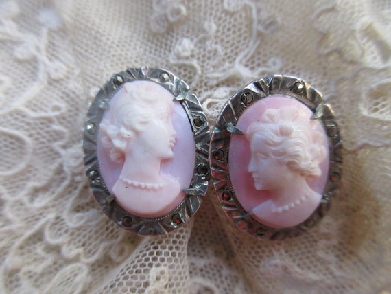 Deco Vintage Carved Shell Cameo Earrings 800 Silv… - image 9