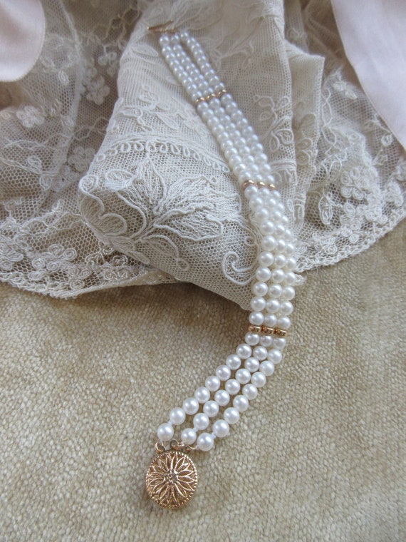 Vintage 14K Triple Strand Cultured Pearl Bracelet - image 1