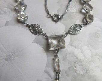 Vintage Deco Open Filigree Crystal Necklace