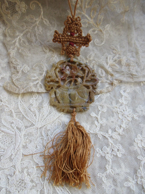 Vintage Asian Carved Stone Macrame Necklace - Vin… - image 1