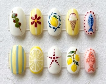 Lemon Summer Press On Nails, Fruit Fish Coastal Handmade Nail Art Set