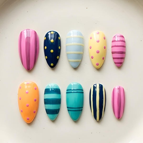 Colorful Stripe Press On Nails, Hand Painted Retro Summer Nail Set