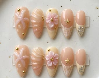 Beach Floral Press On Nails, 3D Flower Handmade Summer Reusable Almond Set
