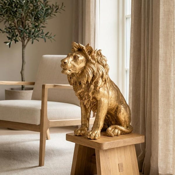 Golden Lion Sculpture, Hand-finished Resin Figurine, Luxury Home Décor (50cm)