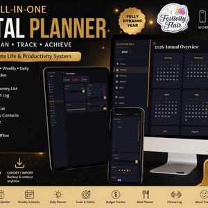 May include: Digital planner interface displayed on a tablet, smartphone, and computer monitor. The interface features a calendar, goals tracker, and other productivity tools. Text includes "All-in-One Digital Planner" and "Design for Productivity."