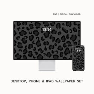 以下が含まれることがあります： コンピューターモニターとスマートフォンの画面に表示された、ダークグレーと黒のヒョウ柄のデジタル壁紙セット。PNG | DIGITAL DOWNLOADおよびDESKTOP, PHONE & IPAD WALLPAPER SETというテキストが表示されています。