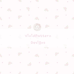 May include: A repeating pattern of small pink roses and tiny pink hearts on a white background. The design also includes the text "VividPattern Designs" in pink. The overall aesthetic is soft and feminine.