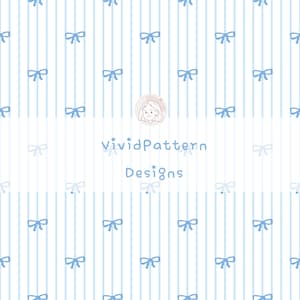 Könnte beinhalten: Ein sich wiederholendes Muster aus hellblauen Schleifen und vertikalen Streifen auf weißem Hintergrund. Der Text "VividPattern Designs" wird in der Mitte angezeigt. Dieses Design eignet sich für verschiedene Anwendungen.