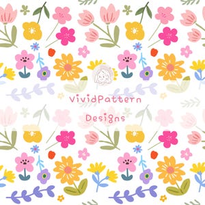 Può includere: Un motivo floreale continuo con tulipani rosa, margherite gialle e fiori viola su sfondo bianco. Il design include il testo "VividPattern Designs". Il motivo è un design ripetitivo di vari fiori.