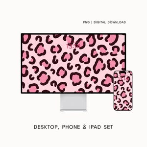 Pode incluir: Um conjunto de papéis de parede digitais para desktop e dispositivos móveis com um padrão de leopardo repetitivo em rosa e castanho escuro. O ecrã apresenta o texto PNG | DIGITAL DOWNLOAD no topo e DESKTOP, PHONE & IPAD SET na base.