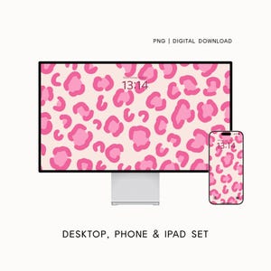 May include: A digital wallpaper set for desktop and phone featuring a repeating pink leopard print pattern on a light cream background. The text PNG | DIGITAL DOWNLOAD and DESKTOP, PHONE & IPAD SET are visible along with the time 13:14 on screens.