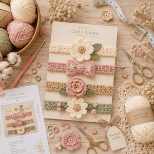 Virkat babypannbandsmönsterpaket | 4 blommönster, PDF-handledning