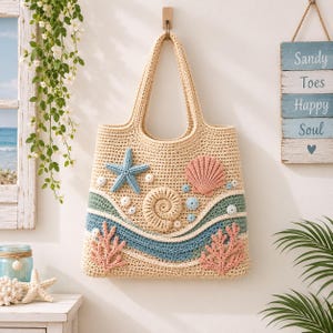 Crochet Seaside Tote Pattern, Beach Bag Tutorial, Starfish Shell Applique (PDF Download)
