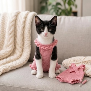 May include: A black and white kitten wearing a pink crocheted romper with a ruffled neckline and leg openings. Beside the kitten lies a matching pink crocheted romper featuring crisscross straps and a small metal crochet hook tool.