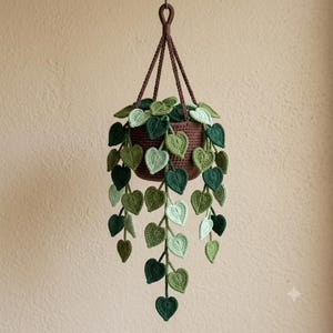 May include: A crocheted hanging plant featuring a dark brown pot suspended by matching brown yarn cords. The plant consists of numerous heart-shaped leaves in varying shades of light, medium, and dark green, which drape downwards from the pot.